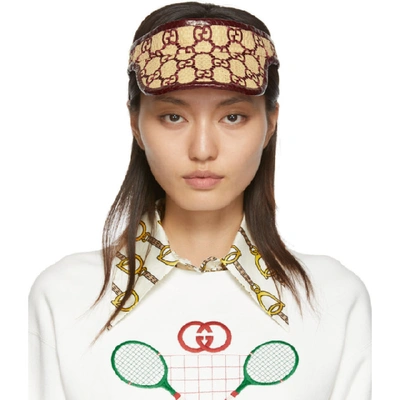 Gucci Elaphe-trimmed Embroidered Raffia Visor In 9273 Brown