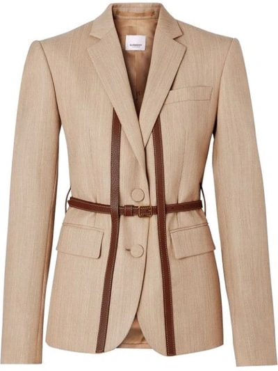 Burberry Leather Harness Detail Wool Tailored Jacket In Camel Melange