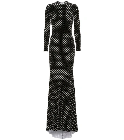Balenciaga Polka Dots Stretch Velvet Long Dress In Black