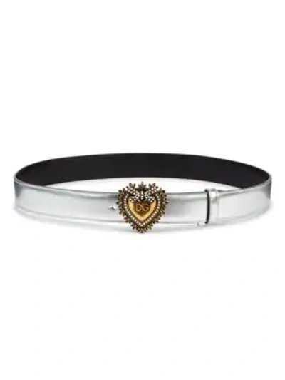 Dolce & Gabbana Devotion Logo Heart Buckle Leather Belt In Silver