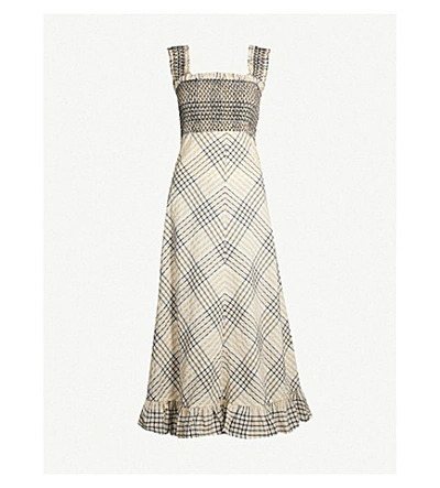 Ganni Checked Shirred-bodice Seersucker Midi Dress In Plaid