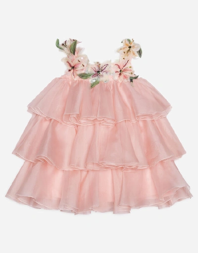 Dolce & Gabbana Silk Organza Dress With Flower Appliqué In Pink