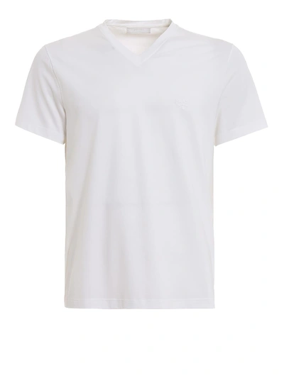 Prada Logo Embroidery White Stretch V Neck T-shirt