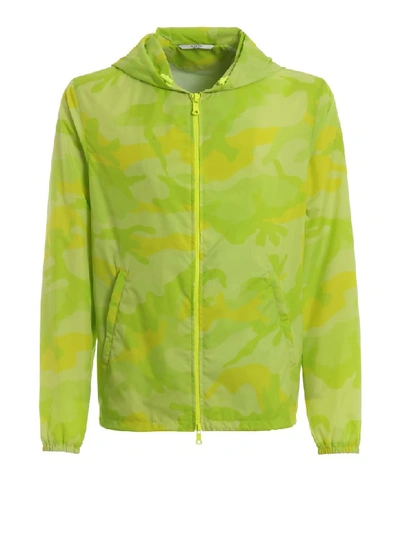 Valentino Fluo Camu Hooded Windbreaker In Green