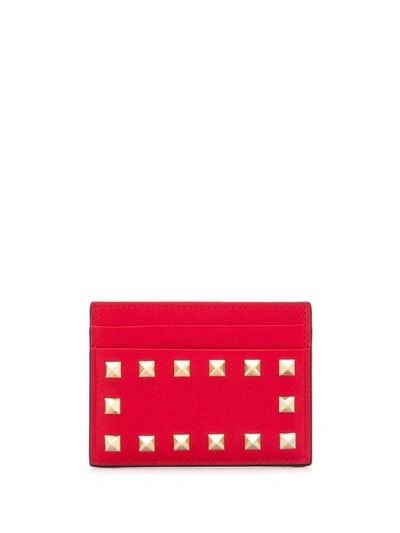 Valentino Rockstud Leather Cardholder In Red