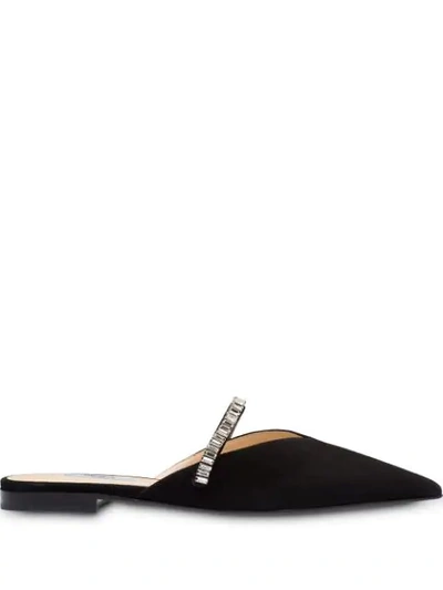 Prada Flat Suede Mules With Crystals - 黑色 In Black