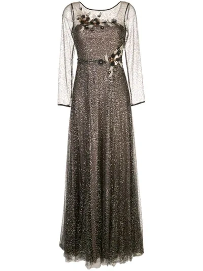 Marchesa Notte Long Sleeve Glitter Tulle Evening Gown In Black