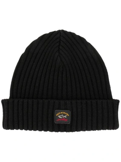 Paul & Shark Ribbed Wool Beanie With Iconic Badge In Black