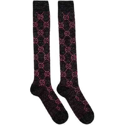 Gucci Black Lamé Gg Socks In Nero