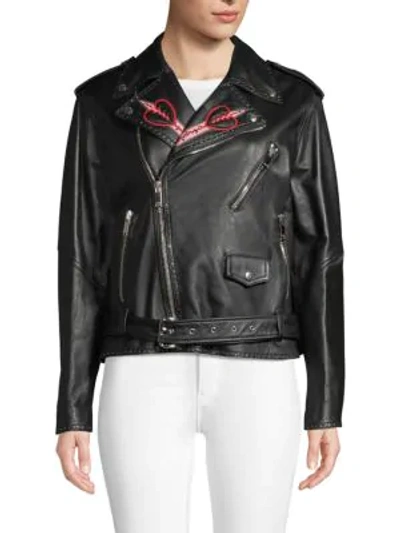 Valentino Embroidered Leather Jacket In Nero