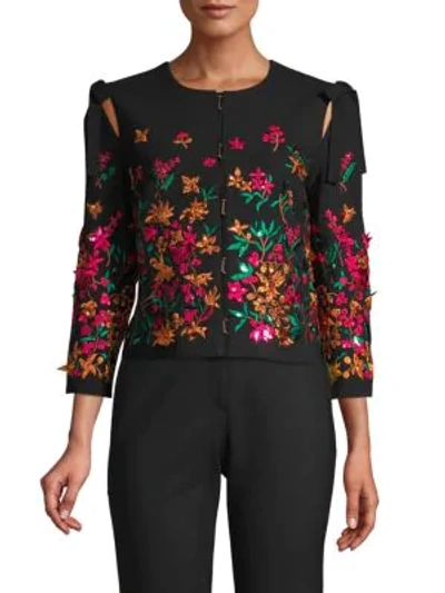 Oscar De La Renta Floral Embroidered Wool Blend Jacket In Black Multi