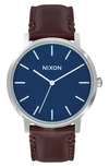 Nixon Porter Round Leather Strap Watch, 40mm In Brown/ Navy/ Silver