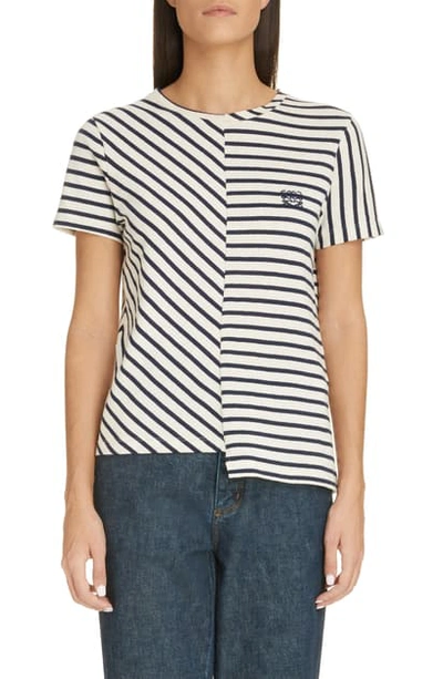 Loewe Asymmetric Embroidered Striped Cotton-jersey T-shirt In Navy/white