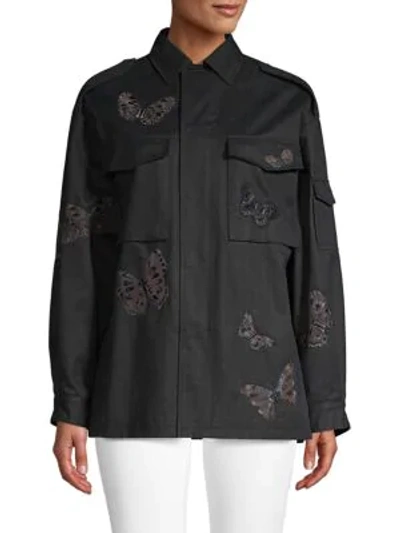 Valentino Caban Butterfly Embroidery Cargo Shirt In Nero
