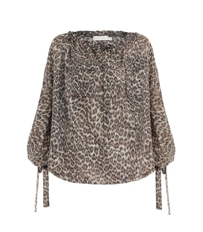 Zimmermann Suraya Silk Pocket Blouse In Khaki Leopard In Leopard Print