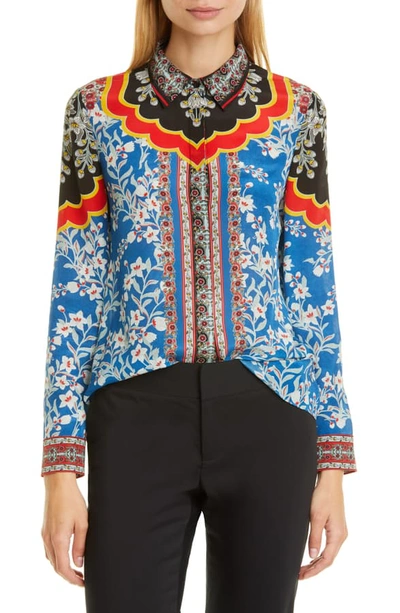 Alice And Olivia Willa Floral-print Button-down Long-sleeve Silk Shirt In Palace Daffodil