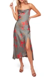 Astr Gaia Strappy Bias Cut Satin Midi Dress In Teal-raspberry Floral