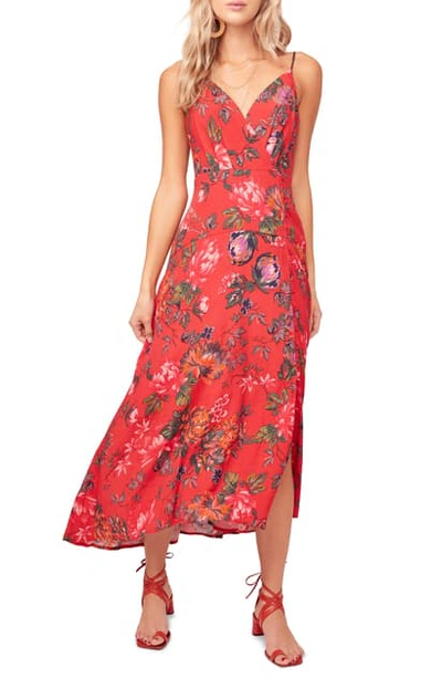 Astr Catya Front Button Faux Wrap Dress In Red-olive Floral