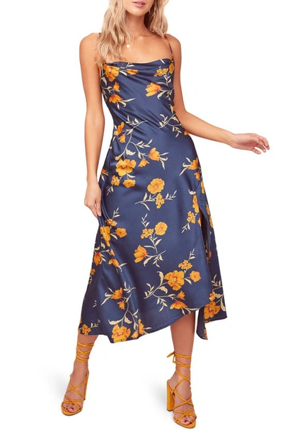 Astr Gaia Strappy Bias Cut Satin Midi Dress In Dark Teal Gold Floral