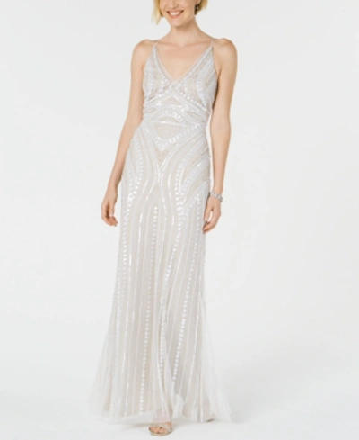 Adrianna Papell Embellished Hand-beaded Gown In Ivory/biscotti