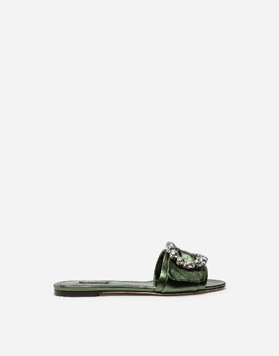 Dolce & Gabbana Mordore Nappa Sliders With Bejeweled Buckle In Green
