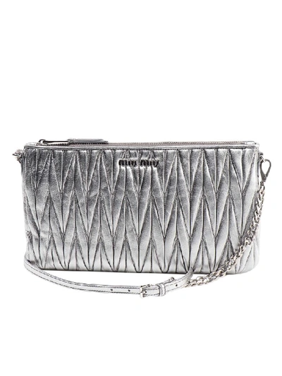 Miu Miu Matelasse Laminated Nappa Clutch In Silver