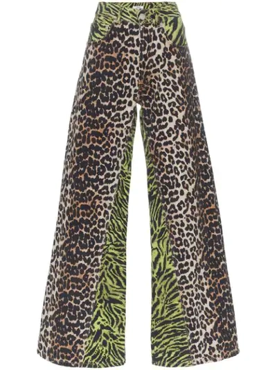 Ganni Leopard-print Wide-leg Cotton Trousers In 977 Block Colour