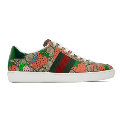 Gucci Beige Gg Supreme Strawberry Ace Trainers In 8960 Multi