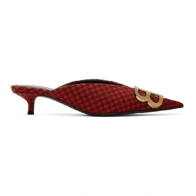 Balenciaga Houndstooth Bb Logo Mules In Red