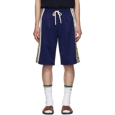 Gucci Cotton Blend Jersey Shorts W/ Logo Tape In 4420 Blue