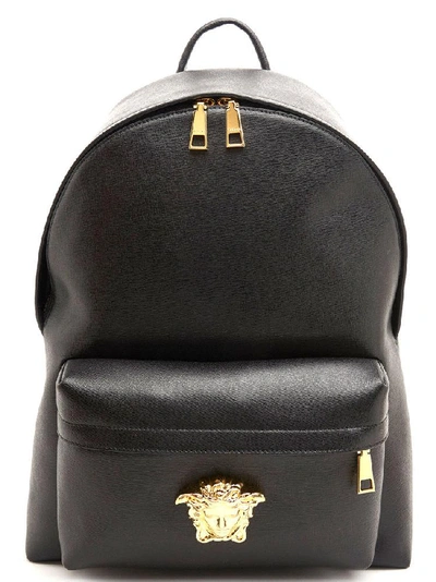 Versace Black Medusa Lead Leather Backpack In Nero Oro Caldo (black)