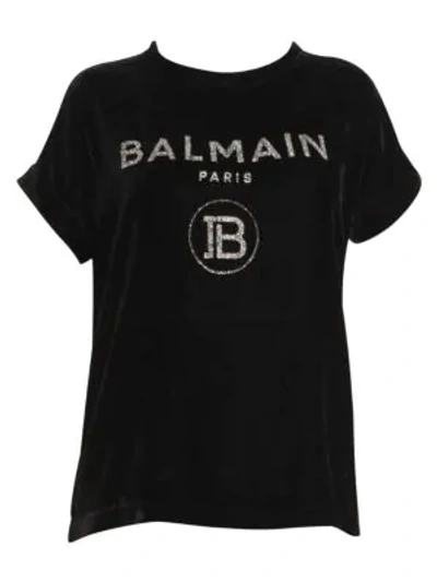 Balmain Glitter Logo Velvet Tee In Black