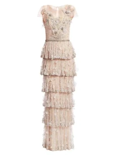 Marchesa Embellished Tiered Organza Gown In Oyster