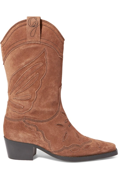 Ganni High Texas Embroidered Suede Boots In Brown