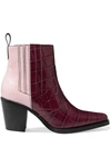 GANNI CALLIE PANELED CROC-EFFECT AND PATENT-LEATHER ANKLE BOOTS