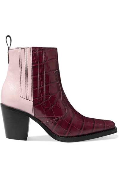 Ganni Callie Paneled Croc-effect And Patent-leather Ankle Boots In Burgundy