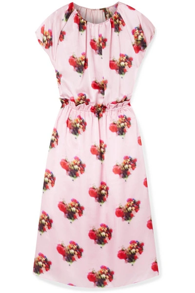 Adam Lippes Ruffle-trimmed Floral-print Hammered-silk Midi Dress In Baby Pink