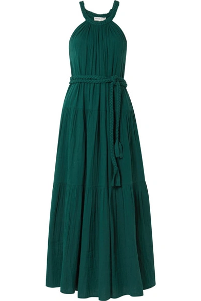 Apiece Apart Escondido Belted Crinkled Cotton-voile Maxi Dress In Emerald