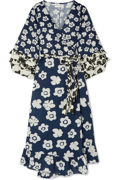 Apiece Apart Beja Ruffled Floral-print Linen And Cotton-blend Wrap Dress In Navy