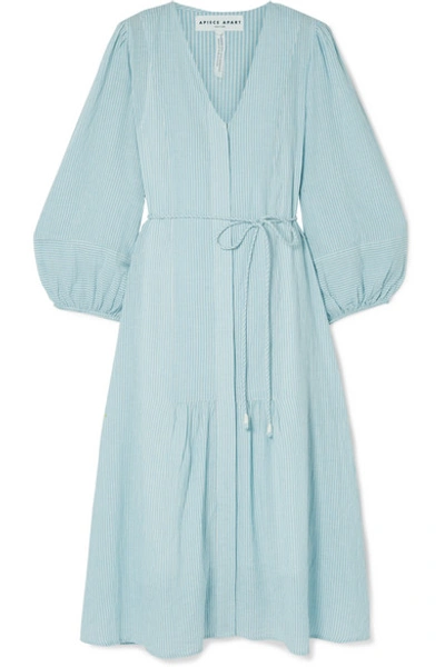 Apiece Apart Laguna Belted Striped Organic Cotton-voile Midi Dress In Sky Blue