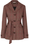 MIU MIU BELTED PRINCE OF WALES CHECKED WOOL-BLEND BLAZER