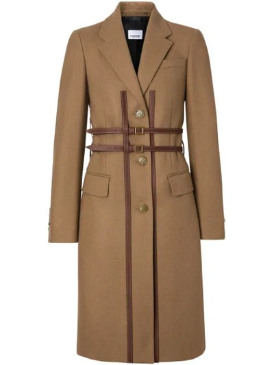 Burberry Leather Harness Detail Wool Tailored Coat In Dark Beige