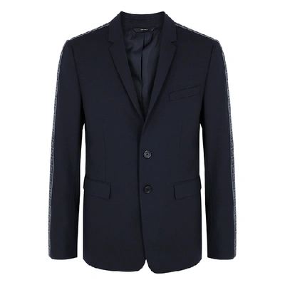 Fendi Navy Logo Jacquard-trimmed Stretch-virgin Wool Suit Jacket In Blue