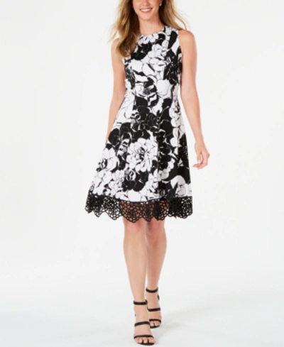 Donna Ricco Crochet-hem Fit & Flare Dress In Ivory/black