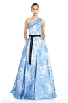 MARCHESA NOTTE ONE SHOULDER PRINTED METALLIC JACQUARD GOWN,MN20RG1138-US