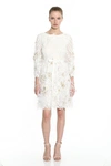 MARCHESA LONG SLEEVE FEATHERED DRESS,M28917