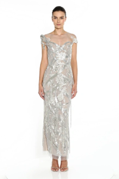 Marchesa Metallic Sequined Illusion Gown In Silver