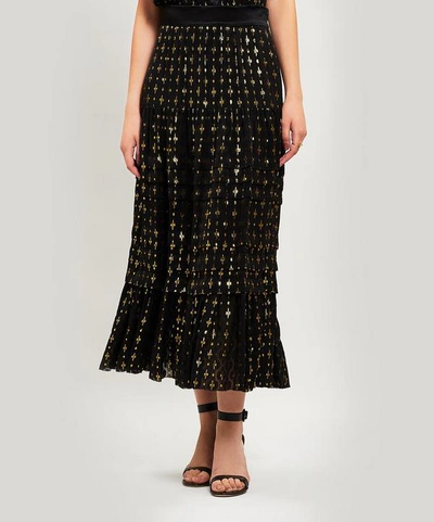 Temperley London Suki Tiered Satin-trimmed Metallic Fil Coupé Chiffon Skirt In Black