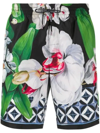 Dolce & Gabbana Dolce And Gabbana Black Flower Swim Shorts In Green