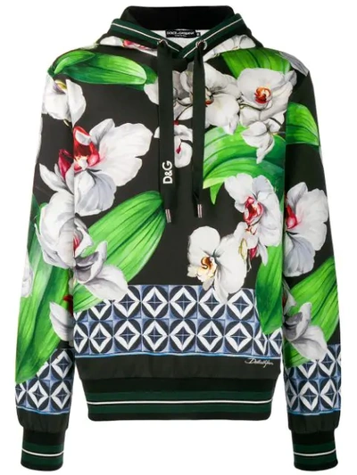 Dolce & Gabbana Dolce And Gabbana Black And Multicolor Orchid Print Hoodie In Multicolored